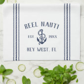 Navy & White Anchor Personalized Boat Name Theedoek (Gevouwen)