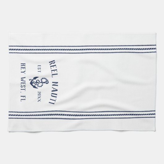 Navy & White Anchor Personalized Boat Name Theedoek (Horizontaal)