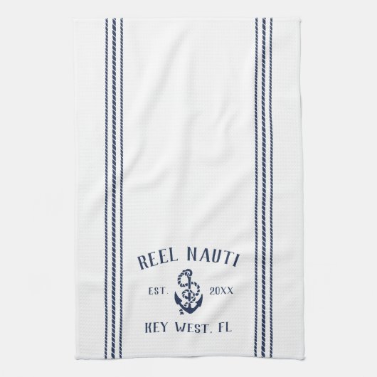 Navy & White Anchor Personalized Boat Name Theedoek (Verticaal)