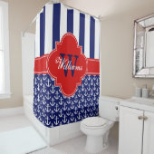 Navy White Anchor Stripe 1ICBR Red Monogram Douchegordijn (In situ)