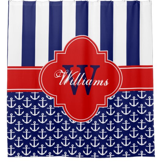 Navy White Anchor Stripe 1ICBR Red Monogram Douchegordijn (Voorkant)