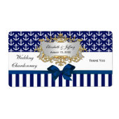 Navy White Anchor Stripe Navy Bow Party Wijnlabel Etiket (Voorkant)