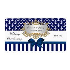 Navy White Anchor Stripe Navy Bow Party Wijnlabel Etiket
