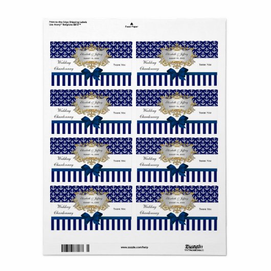 Navy White Anchor Stripe Navy Bow Party Wijnlabel Etiket (Full Sheet)