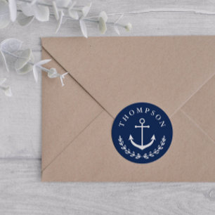 Navy White Anchor Wreath Nautical Name Wedding Ronde Sticker