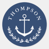 Navy White Anchor Wreath Nautical Name Wedding Ronde Sticker (Voorkant)