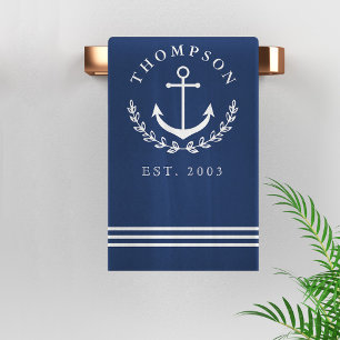 Navy White Anchor Wreator Nautical Name & Year Est Badhanddoek