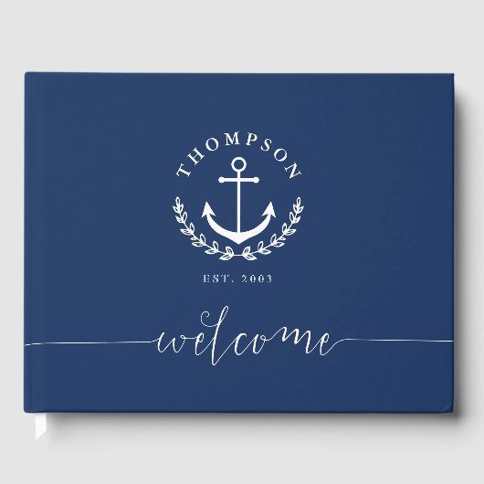 Navy White Anchor Wreator Nautical Name & Year Est Gastenboek (Voorkant)