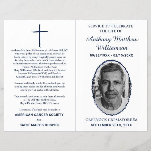 Navy & White Bi-fold Custom Photo Funeral Programm Flyer (Voorkant)