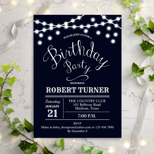 Navy White Birthday Party Invitation Kaart