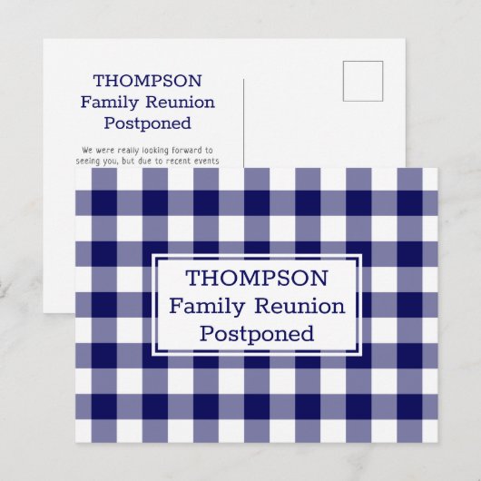 Navy White Buffalo Check Postponed Family Reunion Aankondigingskaart (Voorkant / Achterkant)