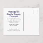 Navy White Buffalo Check Postponed Family Reunion Aankondigingskaart (Achterkant)