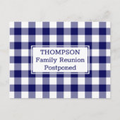 Navy White Buffalo Check Postponed Family Reunion Aankondigingskaart (Voorkant)