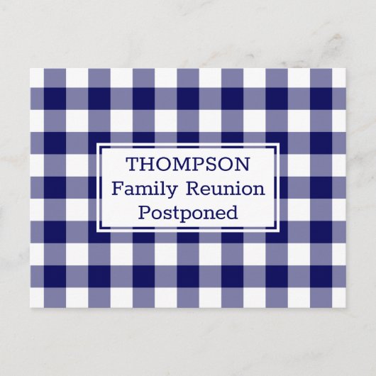 Navy White Buffalo Check Postponed Family Reunion Aankondigingskaart (Voorkant)