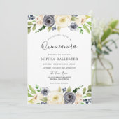 Navy & White Champagne Floral Quinceanera Party Kaart (Staand voorkant)