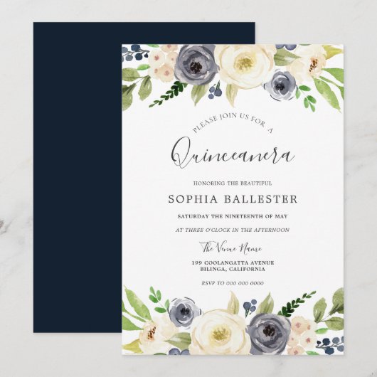 Navy & White Champagne Floral Quinceanera Party Kaart (Voorkant / Achterkant)