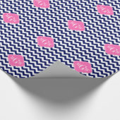 Navy White Chevron Hot Pink Quatrefoil 3 Monogram Cadeaupapier (Hoek)