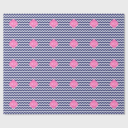 Navy White Chevron Hot Pink Quatrefoil 3 Monogram Cadeaupapier (Vlak)