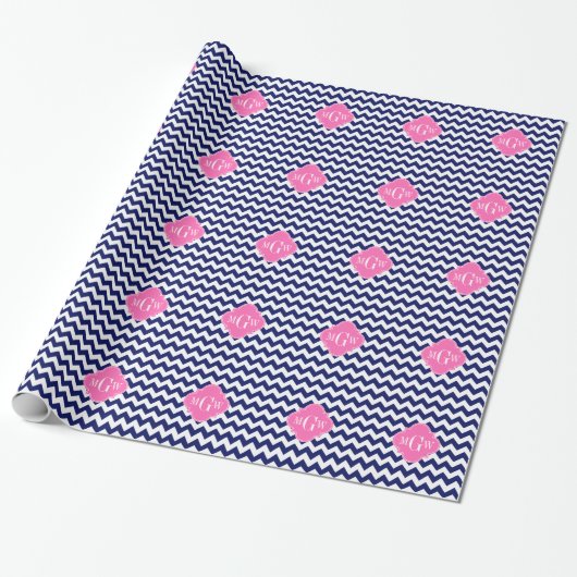 Navy White Chevron Hot Pink Quatrefoil 3 Monogram Cadeaupapier (Uitgerold)