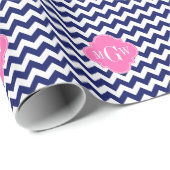 Navy White Chevron Hot Pink Quatrefoil 3 Monogram Cadeaupapier (Rol Hoek)