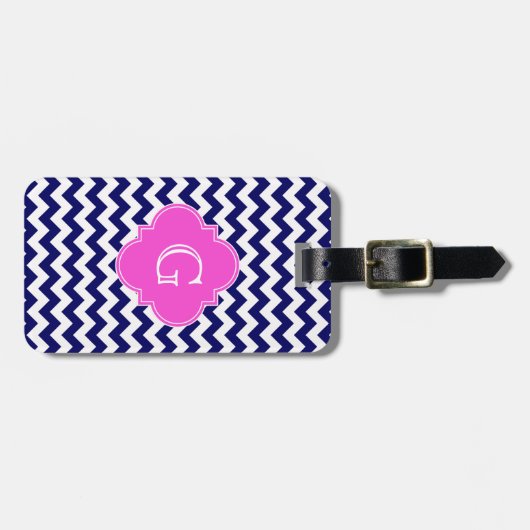 Navy White Chevron Hot Pink Quatrefoil Monogram Bagagelabel (Voorkant horizontaal)