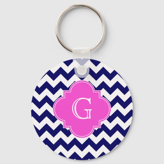 Navy White Chevron Hot Pink Quatrefoil Monogram Sleutelhanger (Voorkant)