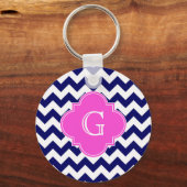 Navy White Chevron Hot Pink Quatrefoil Monogram Sleutelhanger (Voorkant)