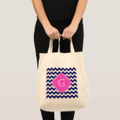 Navy White Chevron Hot Pink Quatrefoil Monogram Tote Bag (Voorkant (product))