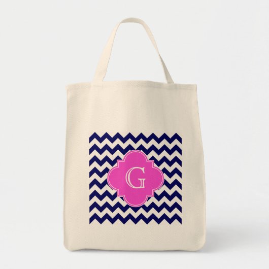 Navy White Chevron Hot Pink Quatrefoil Monogram Tote Bag (Voorkant)