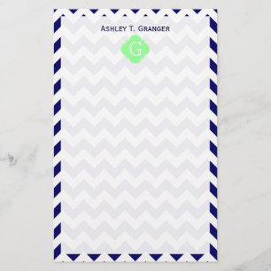 Navy White Chevron Mint Green Quatrefoil Monogram Briefpapier