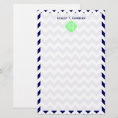 Navy White Chevron Mint Green Quatrefoil Monogram Briefpapier (Voorkant / Achterkant)