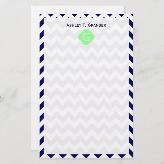 Navy White Chevron Mint Green Quatrefoil Monogram Briefpapier (Voorkant / Achterkant)