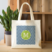 Navy White Chevron Pattern met Green Monogram Tote Bag