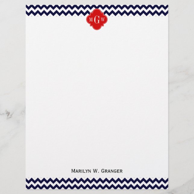 Navy White Chevron Red Quatrefoil 3 Monogram (Voorkant)