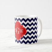 Navy White Chevron Red Quatrefoil 3 Monogram Koffiemok (Voorkant rechts)