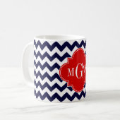 Navy White Chevron Red Quatrefoil 3 Monogram Koffiemok (Voorkant links)