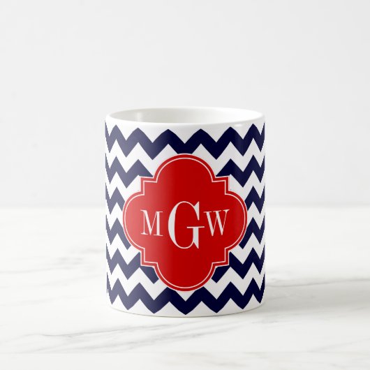 Navy White Chevron Red Quatrefoil 3 Monogram Koffiemok (Center)