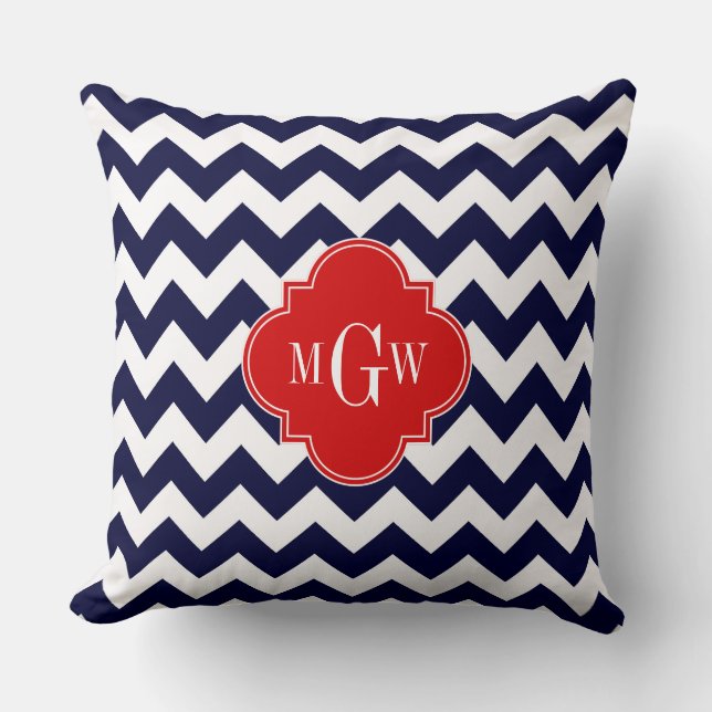 Navy White Chevron Red Quatrefoil 3 Monogram Kussen (Voorkant)