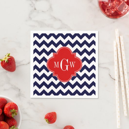 Navy White Chevron Red Quatrefoil 3 Monogram Servetten (Insitu)
