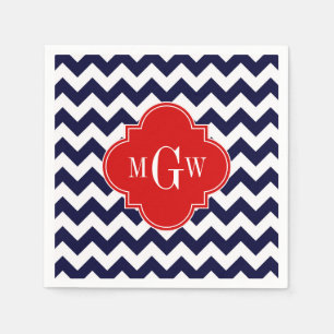 Navy White Chevron Red Quatrefoil 3 Monogram Servetten