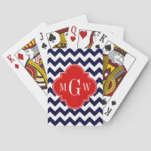 Navy White Chevron Red Quatrefoil 3 Monogram Speelkaarten (Achterkant)