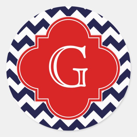 Navy White Chevron Red Quatrefoil Monogram Ronde Sticker (Voorkant)