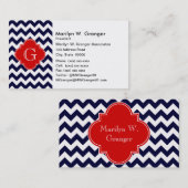 Navy White Chevron Red Quatrefoil Monogram Visitekaartje (Voorkant / Achterkant)