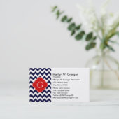 Navy White Chevron Red Quatrefoil Monogram Visitekaartje (Staand voorkant)