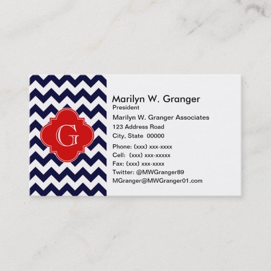 Navy White Chevron Red Quatrefoil Monogram Visitekaartje (Voorkant)