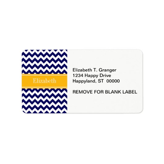 Navy White Chevron ZigZag Goldenrod Name Monogram Etiket (Voorkant)