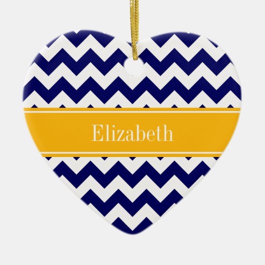 Navy White Chevron ZigZag Goldenrod Name Monogram Keramisch Ornament (Voorkant)
