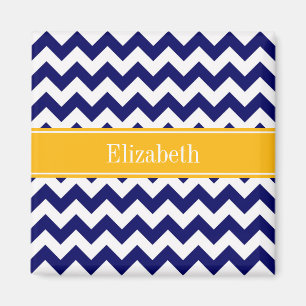 Navy White Chevron ZigZag Goldenrod Name Monogram Magneet