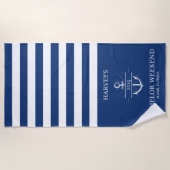 Navy & White Coastal Personalized Bachelor Weekend Strandlaken (Voorkant)