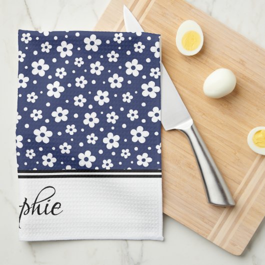 Navy & White Daisies gepersonaliseerd Theedoek (Quarter Fold)